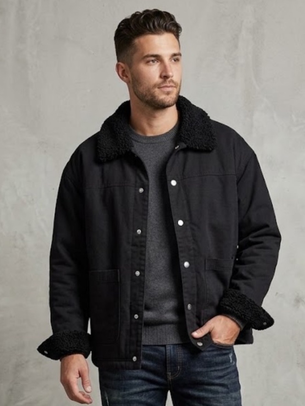 Pacsun Men's Black Sherpa Lining  Snap Button Jacket Size M/L